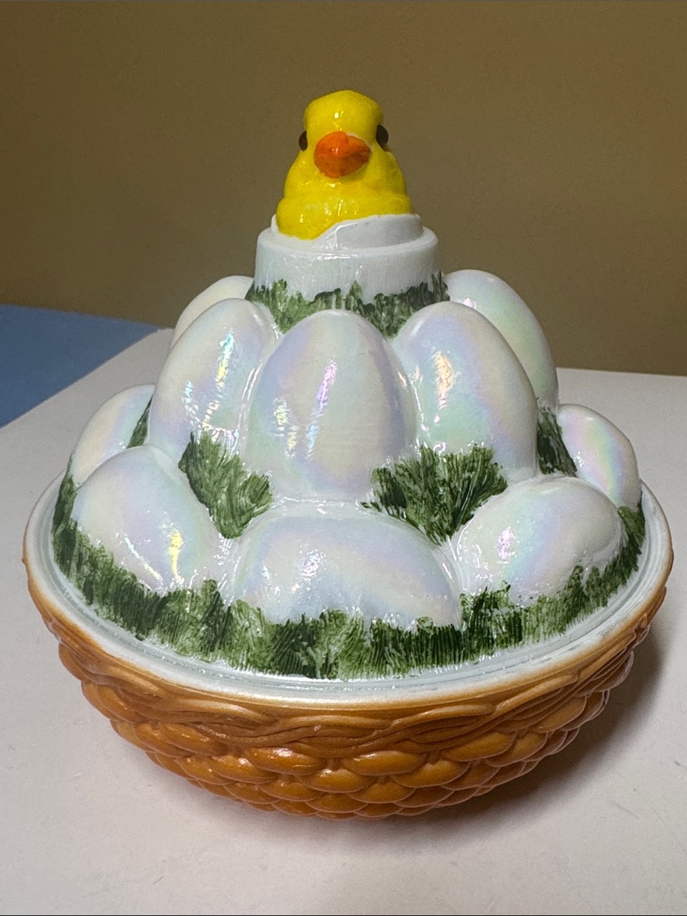 Westmoreland iridescent hand painted Chick on Egg Pile Covered Basket 2-Piece